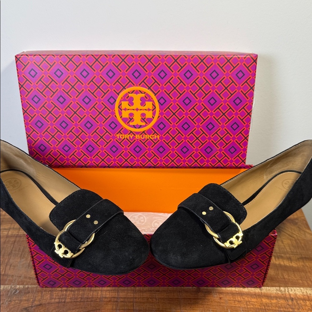 Tory Burch Black Suede Slipper Flats with Gold Buckle, Women’s 8.5